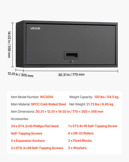 Metal Wall Cabinet, 27.56W x 12.01D x 14.02H Inch, Floating Garage Tool Cabinet with Up-Flip Door, 120 lbs Load per Shelf, Fit for Garage, Basement, Kitchen, Warehouse, Assembly Required