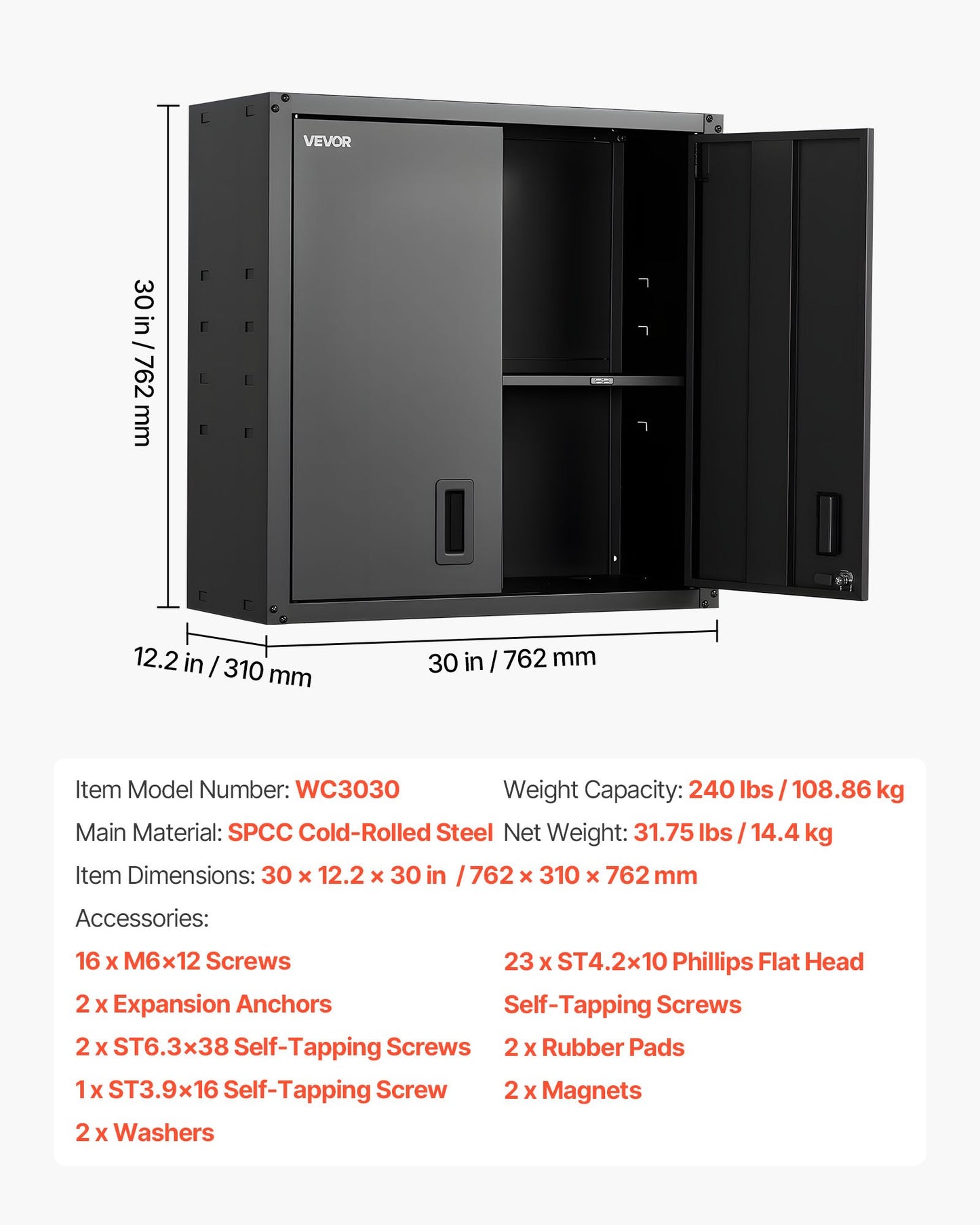 Metal Wall Cabinet, 30W x 12.2D x 30H Inch, Steel Floating Hanging Storage Cabinet with Locking Doors and Adjustable Shelf for Garage, Basement, Kitchen, Warehouse Assembly Required, Black