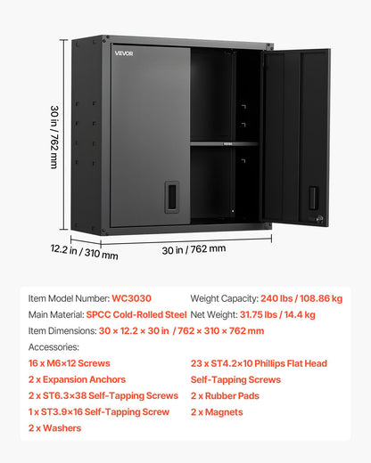 Metal Wall Cabinet, 30W x 12.2D x 30H Inch, Steel Floating Hanging Storage Cabinet with Locking Doors and Adjustable Shelf for Garage, Basement, Kitchen, Warehouse Assembly Required, Black