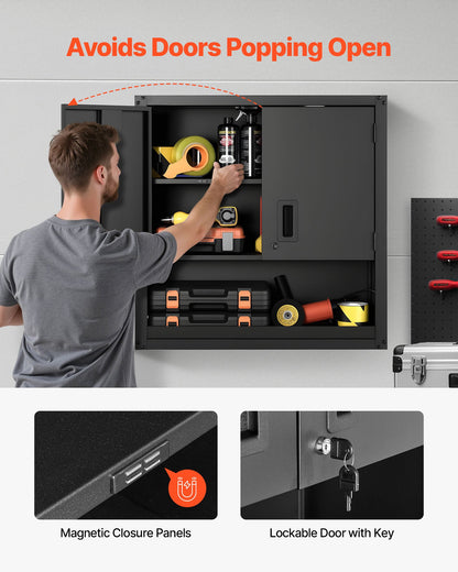 Metal Wall Cabinet, 30W x 12.01D x 30H Inch, Steel Floating Hanging Storage Cabinet with Locking Doors and Adjustable Shelf for Garage, Basement, Kitchen, Warehouse Assembly Required, Black