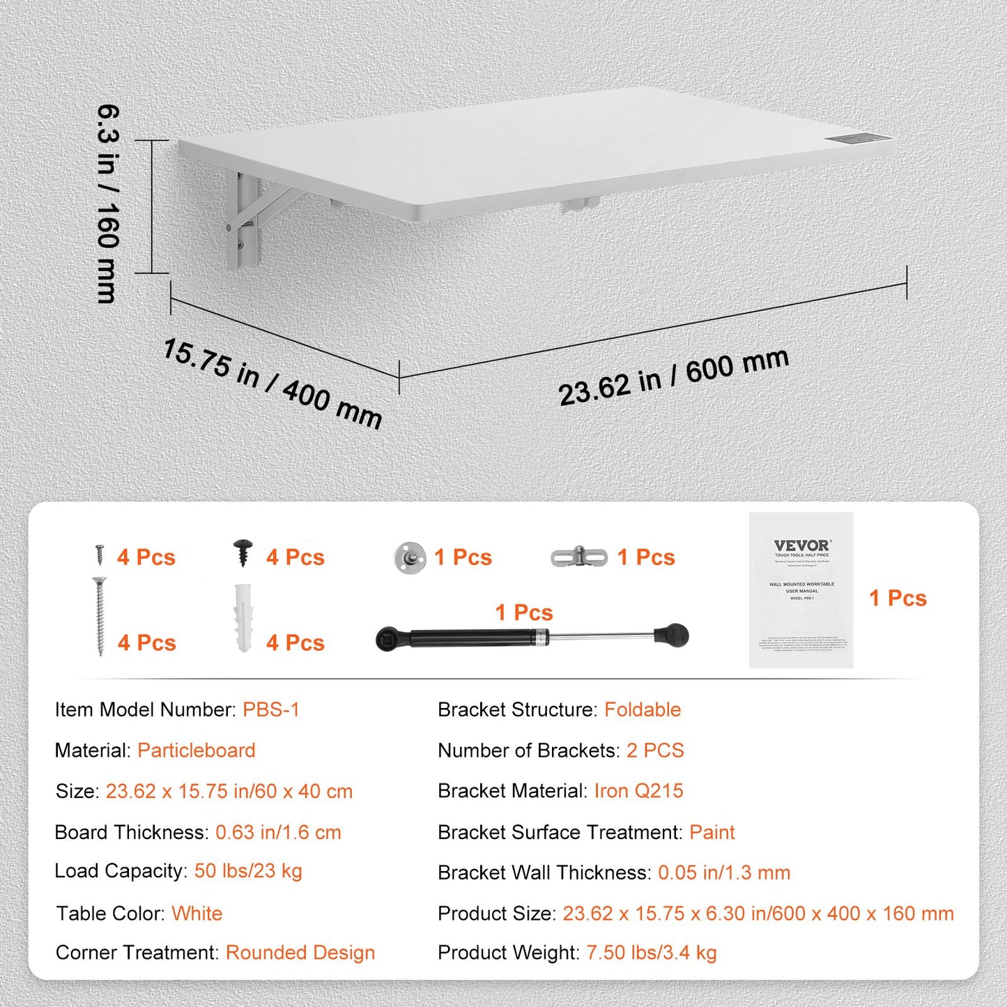 Wall Mounted Floating Folding Table Laptop Desk Home Office 23.62x15.75 Inch