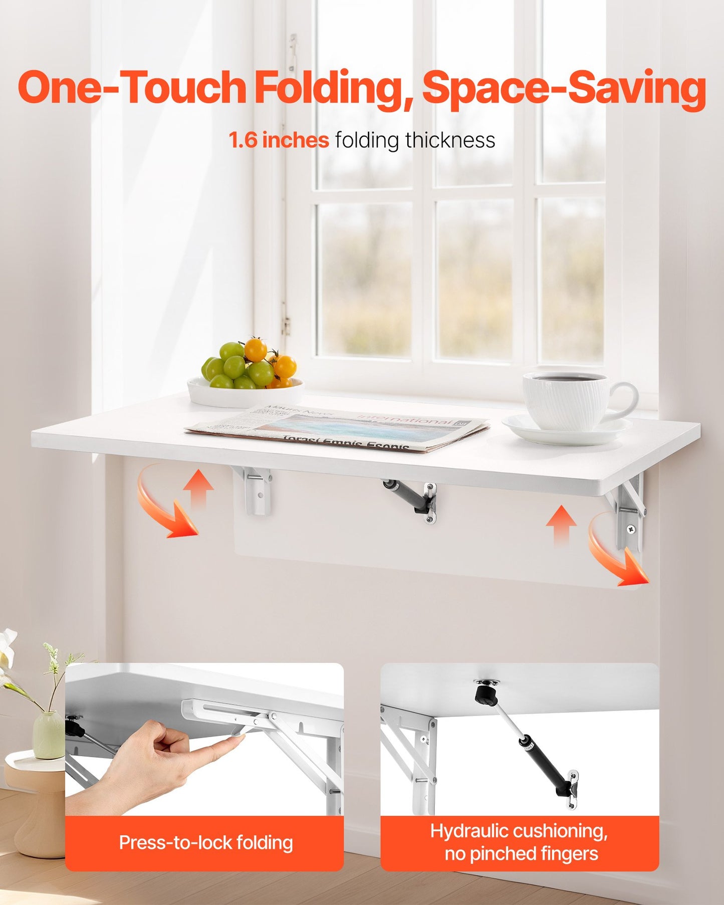 Wall Mounted Folding Table, 23.6 x 15.7 inches Wall Mount Table, Floating Desk with Iron Bracket, Fold Down Desk for Small Spaces, Home Office, Dining, Laundry Room, Kitchen, Bar, White