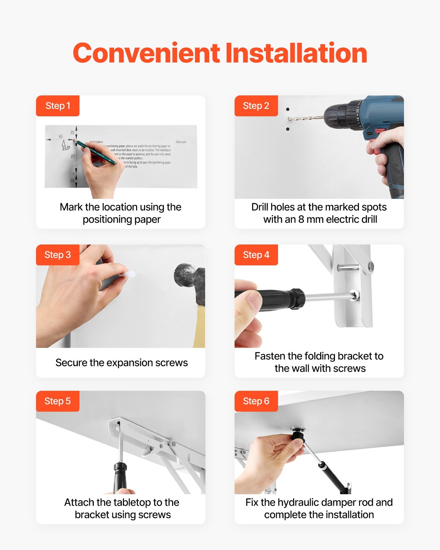 Wall Mounted Folding Table, 23.6 x 15.7 inches Wall Mount Table, Floating Desk with Iron Bracket, Fold Down Desk for Small Spaces, Home Office, Dining, Laundry Room, Kitchen, Bar, White