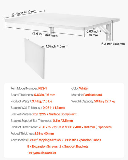 Wall Mounted Folding Table, 23.6 x 15.7 inches Wall Mount Table, Floating Desk with Iron Bracket, Fold Down Desk for Small Spaces, Home Office, Dining, Laundry Room, Kitchen, Bar, White