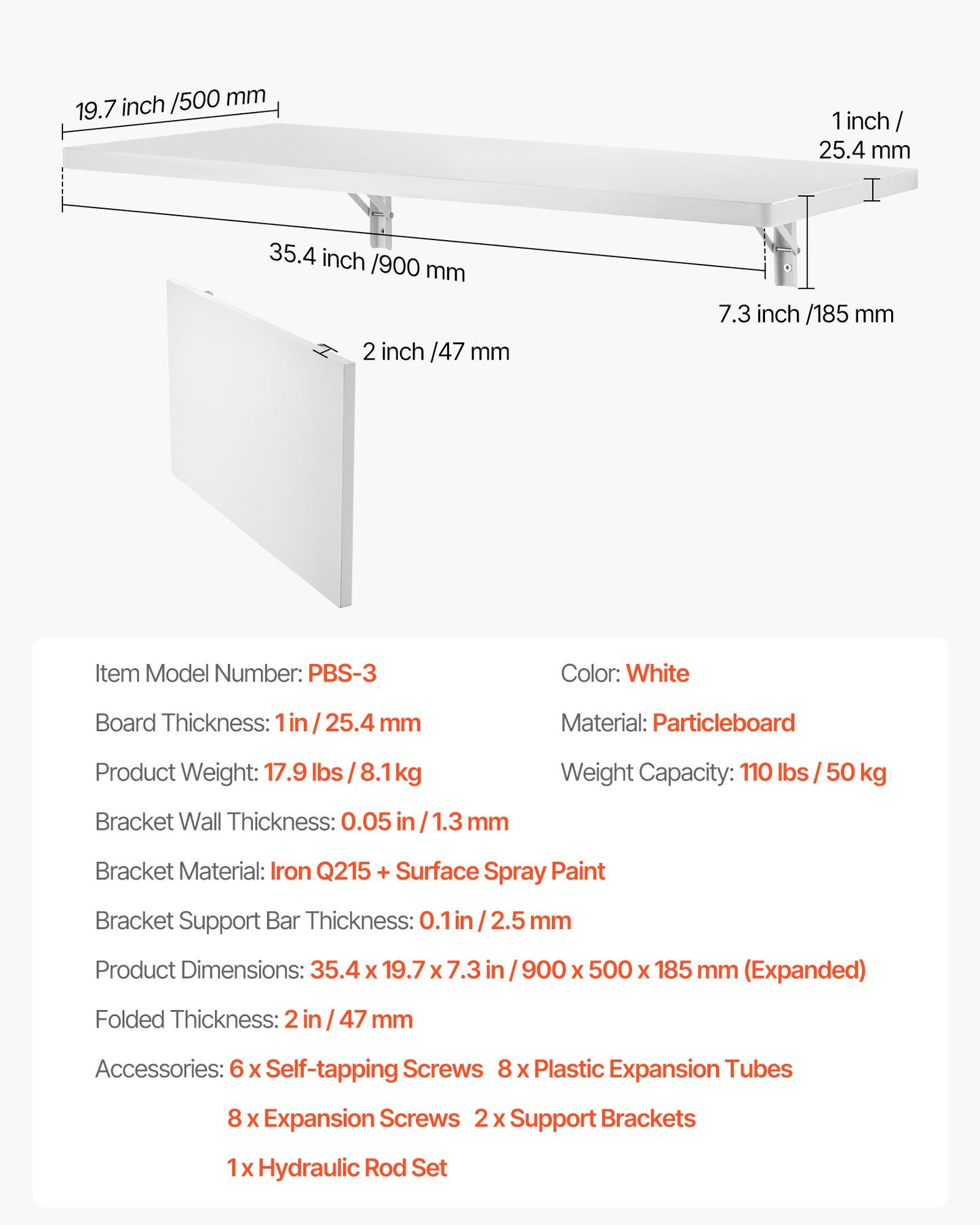 Wall Mounted Folding Table, 35.4 x 19.7 inches Wall Mount Table, Floating Desk with Iron Bracket, Fold Down Desk for Small Spaces, Home Office, Dining, Laundry Room, Kitchen, Bar, White