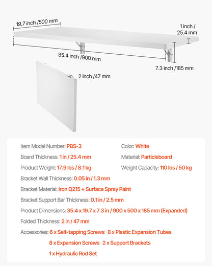 Wall Mounted Folding Table, 35.4 x 19.7 inches Wall Mount Table, Floating Desk with Iron Bracket, Fold Down Desk for Small Spaces, Home Office, Dining, Laundry Room, Kitchen, Bar, White