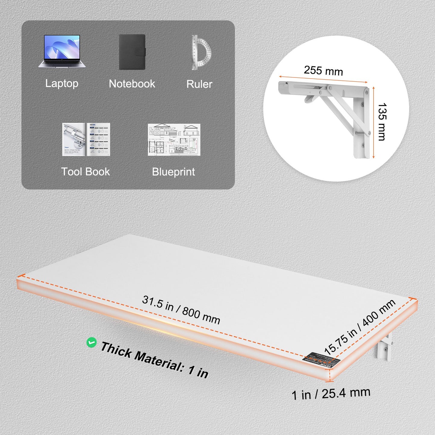 Wall Mounted Floating Folding Table Laptop Desk Home Office 31.5x15.75 Inch
