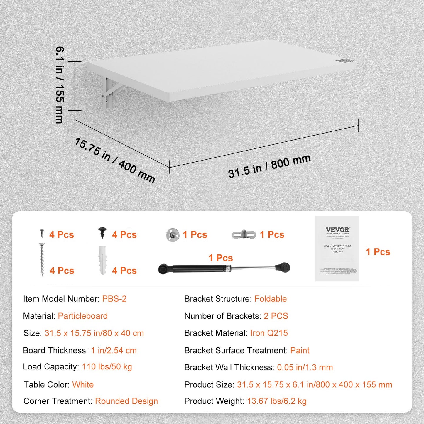 Wall Mounted Floating Folding Table Laptop Desk Home Office 31.5x15.75 Inch