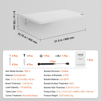 Wall Mounted Floating Folding Table Laptop Desk Home Office 31.5x15.75 Inch