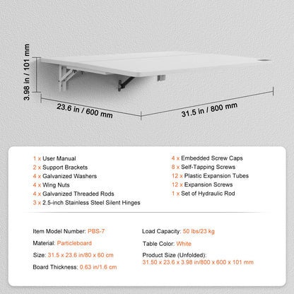 Wall Mounted Floating Folding Table Laptop Desk Home Office 31.5 x 23.6 Inch