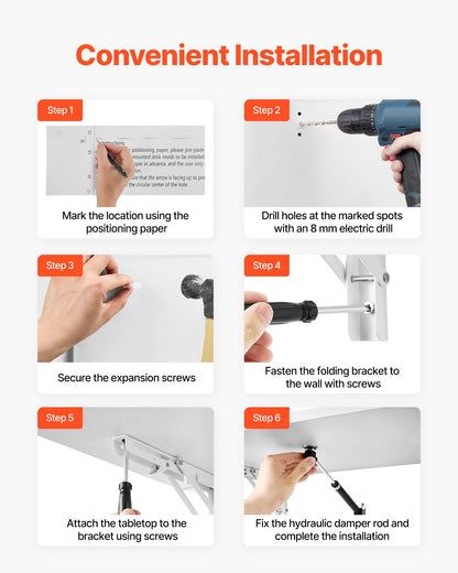 Wall Mounted Folding Table, 39.4 x 19.7 inches Wall Mount Table, Floating Desk with Iron Bracket, Fold Down Desk for Small Spaces, Home Office, Dining, Laundry Room, Kitchen, Bar, White
