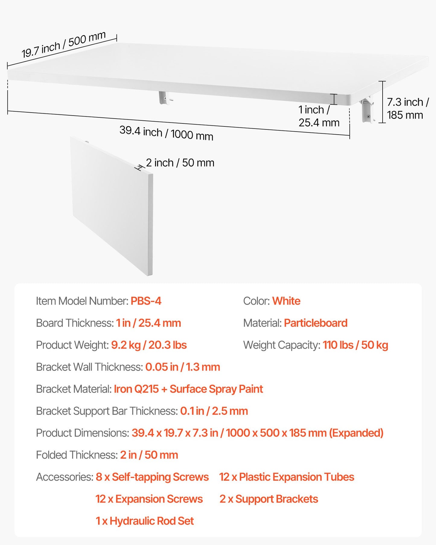 Wall Mounted Folding Table, 39.4 x 19.7 inches Wall Mount Table, Floating Desk with Iron Bracket, Fold Down Desk for Small Spaces, Home Office, Dining, Laundry Room, Kitchen, Bar, White