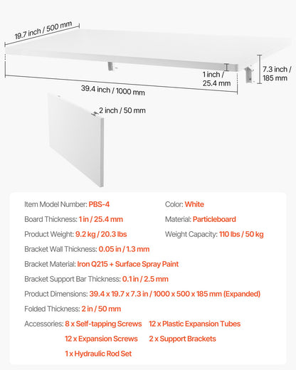 Wall Mounted Folding Table, 39.4 x 19.7 inches Wall Mount Table, Floating Desk with Iron Bracket, Fold Down Desk for Small Spaces, Home Office, Dining, Laundry Room, Kitchen, Bar, White