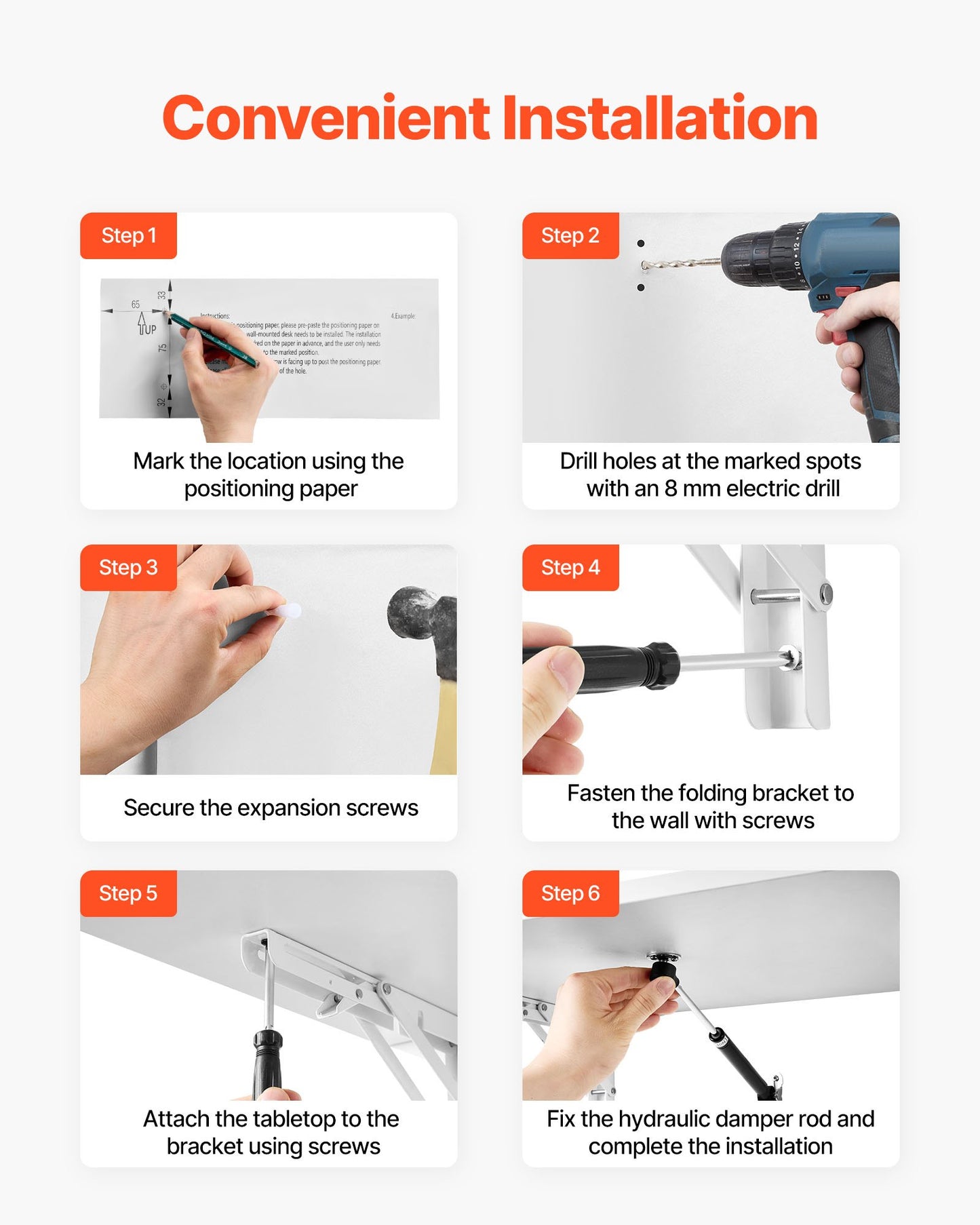 Wall Mounted Folding Table, 47.2 x 19.7 inches Wall Mount Table, Floating Desk with Iron Bracket, Fold Down Desk for Small Spaces, Home Office, Dining, Laundry Room, Kitchen, Bar, White