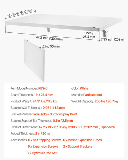 Wall Mounted Folding Table, 47.2 x 19.7 inches Wall Mount Table, Floating Desk with Iron Bracket, Fold Down Desk for Small Spaces, Home Office, Dining, Laundry Room, Kitchen, Bar, White