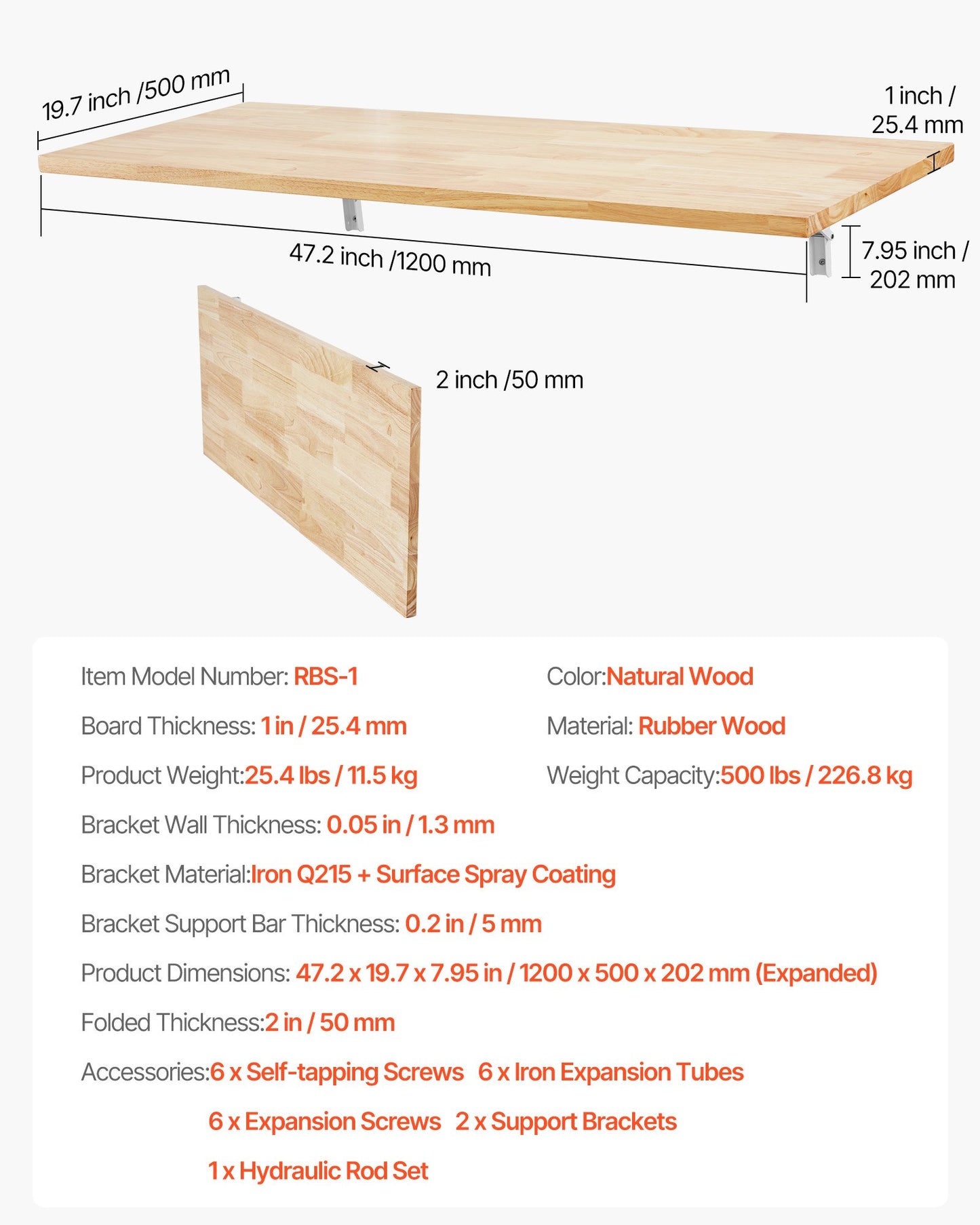 Wall Mounted Folding Table, 47.2 x 19.7 inches Wall Mount Table, Floating Desk with Iron Bracket, Fold Down Desk for Small Spaces, Home Office, Dining, Laundry Room, Kitchen, Bar, Burlywood