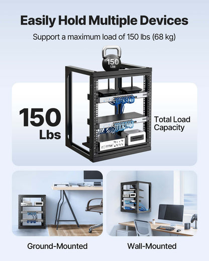 12U Wall Mount Server Rack, 150 lbs Max Load Capacity, Open Frame Network Rack with 180 Degrees Gate Swing, Carbon Steel, for 19-Inch IT Network Equipment & AV Devices Computer Server, Black