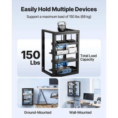 15U väggmonterat serverrack, 68,04 kg maxlastkapacitet, nätverksrack med öppen ram och 180 graders svängdörr, kolstål, perfekt för IT-nätverksutrustning och AV-enheter, datorserver, svart |  EU