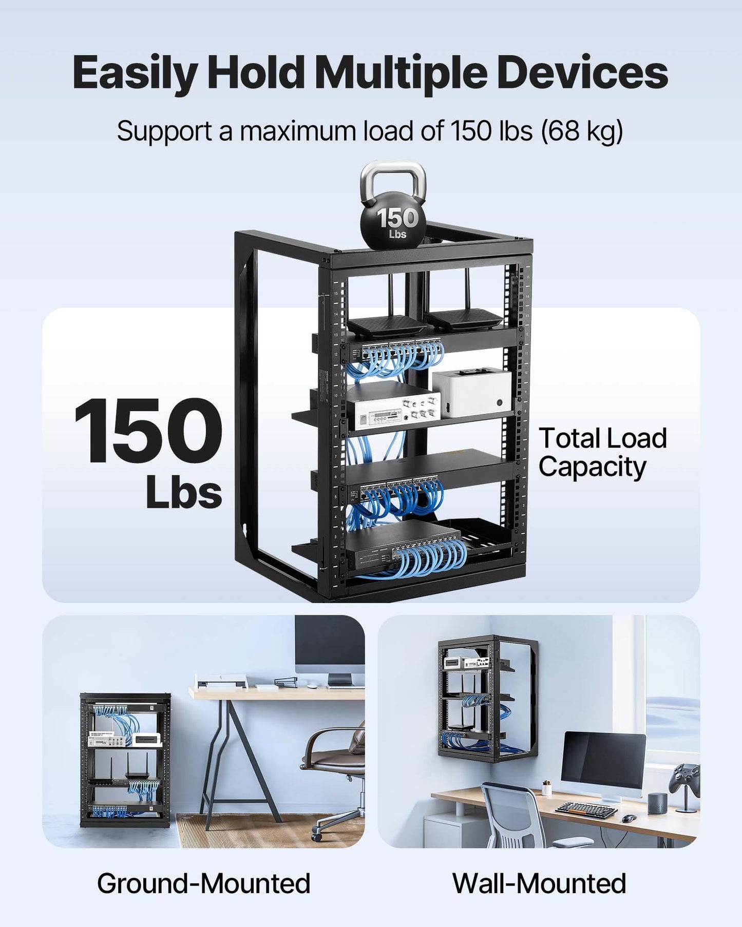 15U Wall Mount Server Rack, 150 lbs Max Load Capacity, Open Frame Network Rack with 180 Degrees Gate Swing, Carbon Steel, for 19-Inch IT Network Equipment & AV Devices Computer Server, Black