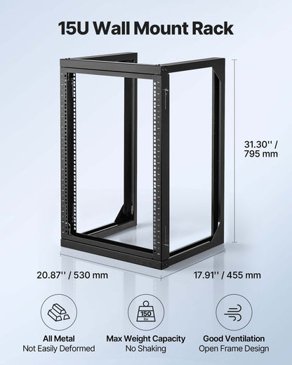 15U Wall Mount Server Rack, 150 lbs Max Load Capacity, Open Frame Network Rack with 180 Degrees Gate Swing, Carbon Steel, for 19-Inch IT Network Equipment & AV Devices Computer Server, Black