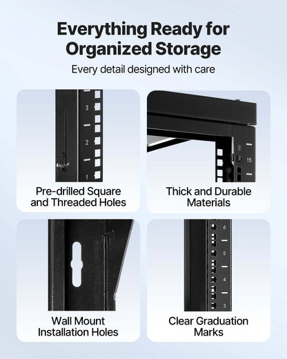 15U Wall Mount Server Rack, 150 lbs Max Load Capacity, Open Frame Network Rack with 180 Degrees Gate Swing, Carbon Steel, for 19-Inch IT Network Equipment & AV Devices Computer Server, Black