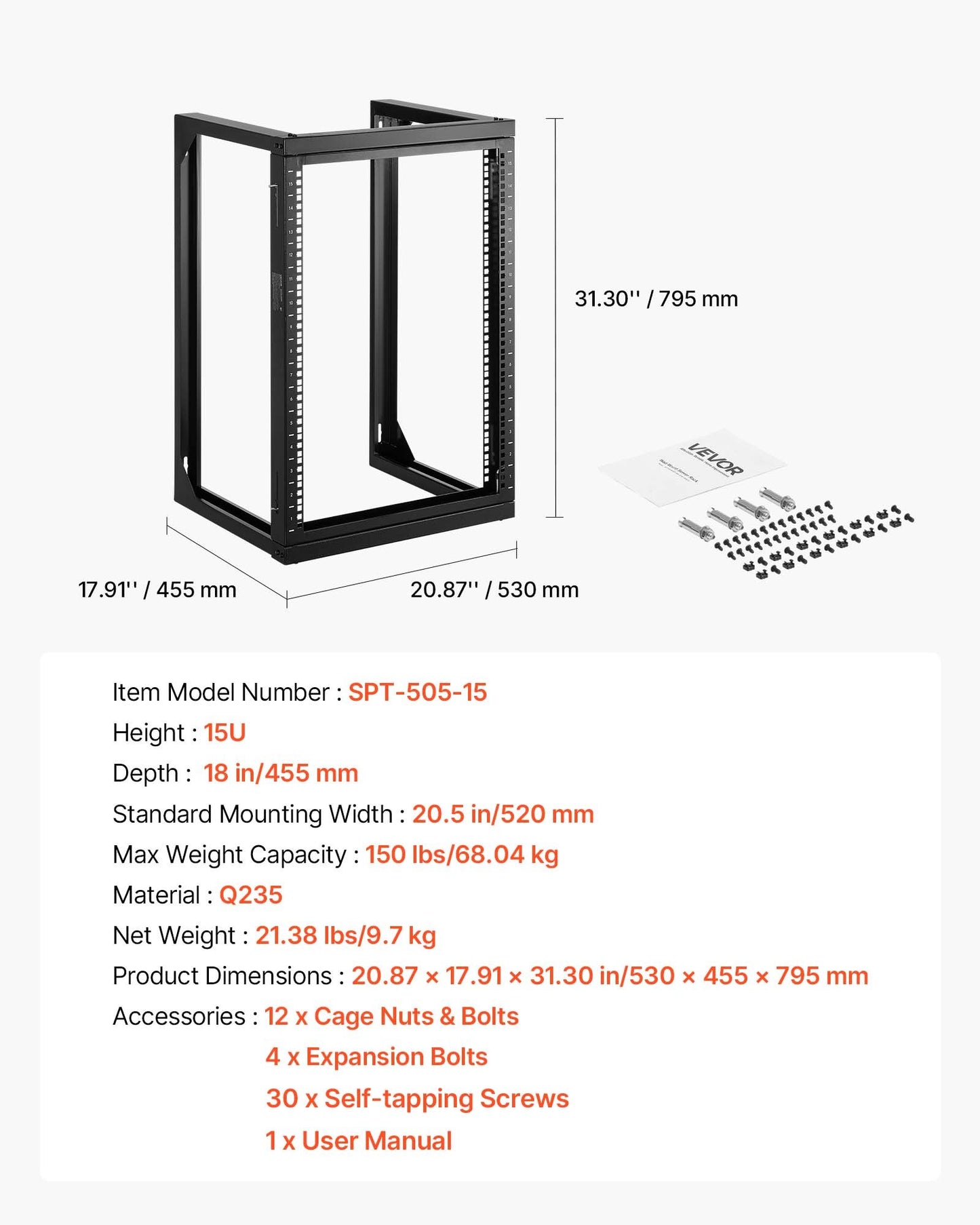 15U Wall Mount Server Rack, 150 lbs Max Load Capacity, Open Frame Network Rack with 180 Degrees Gate Swing, Carbon Steel, for 19-Inch IT Network Equipment & AV Devices Computer Server, Black