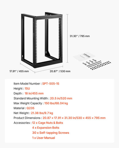 15U Wall Mount Server Rack, 150 lbs Max Load Capacity, Open Frame Network Rack with 180 Degrees Gate Swing, Carbon Steel, for 19-Inch IT Network Equipment & AV Devices Computer Server, Black