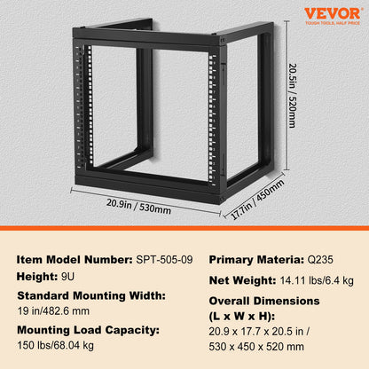 9U Wall Mount Rack 150 lbs/68.04 kg Open Frame Server Network Rack Black