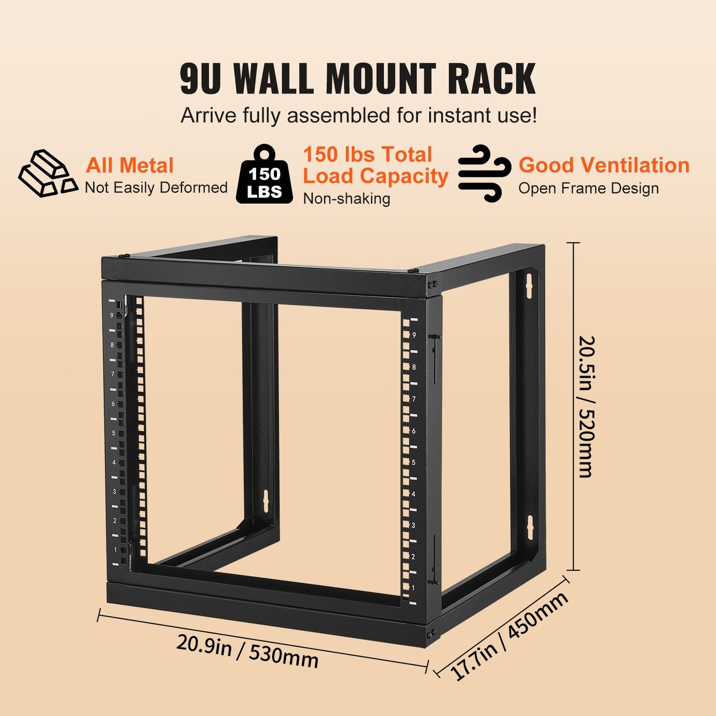 9U Wall Mount Rack 150 lbs/68.04 kg Open Frame Server Network Rack Black