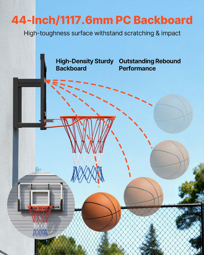 Wall Mount Basketball Hoop, 44-inch PC Backboard Mounted Basketball Hoop Outdoor with Solid Steel, 0.08 inch Thickened Backboard, Thickened Woven Nylon Basketballs Net, Indoor & Outdoor Use