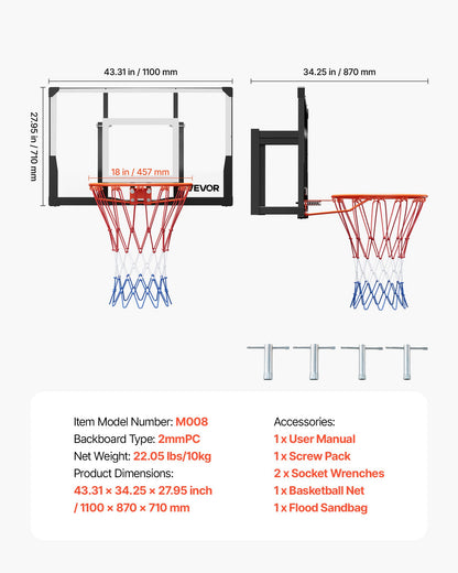 Wall Mount Basketball Hoop, 44-inch PC Backboard Mounted Basketball Hoop Outdoor with Solid Steel, 0.08 inch Thickened Backboard, Thickened Woven Nylon Basketballs Net, Indoor & Outdoor Use