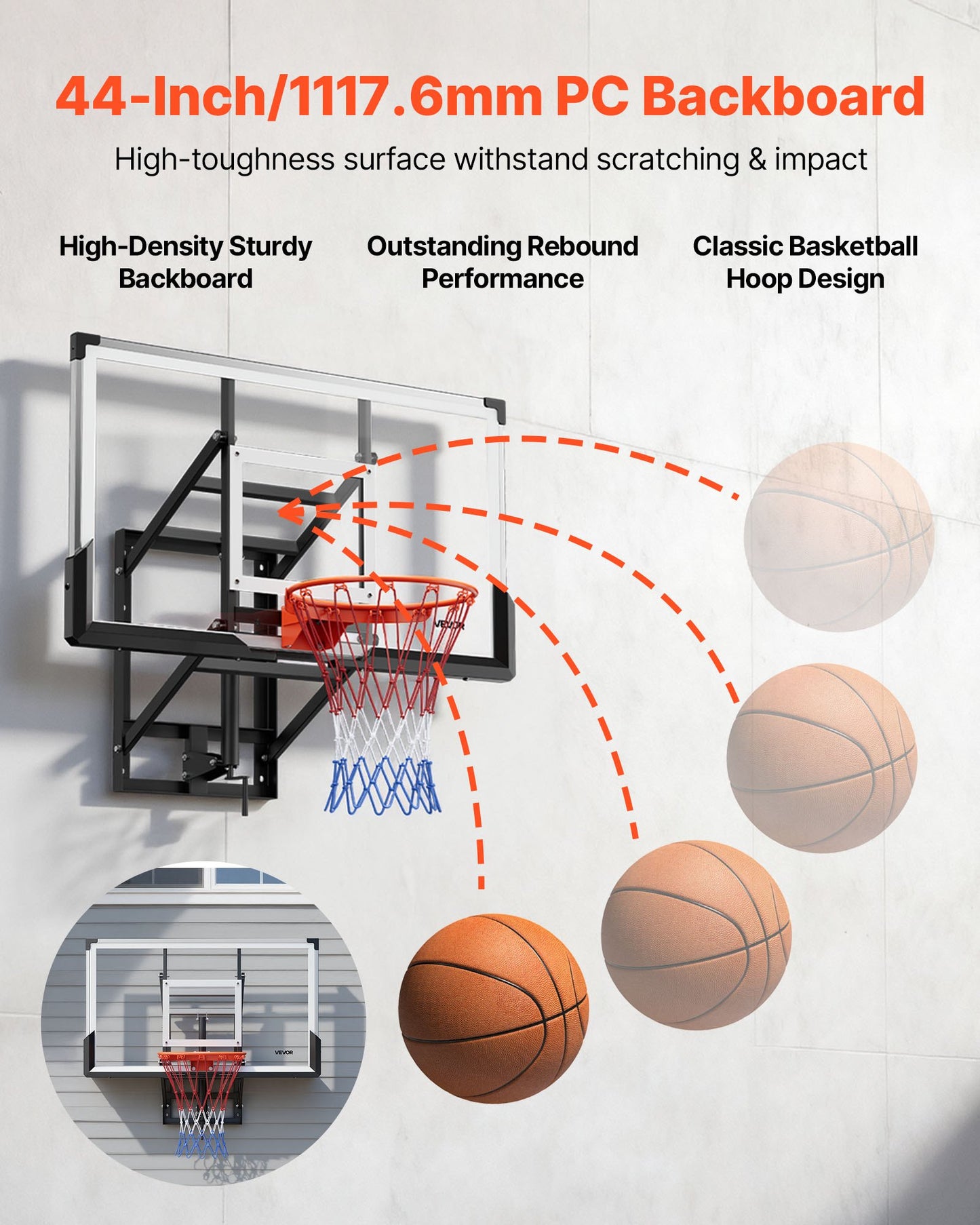 Wall Mount Basketball Hoop, 54-inch PC Backboard Mounted Basketball Hoop Outdoor with Hand-Crank Adjustment, 0.11 inch Thickened Backboard, Classic Basketballs Hoops Design, Indoor & Outdoor Use