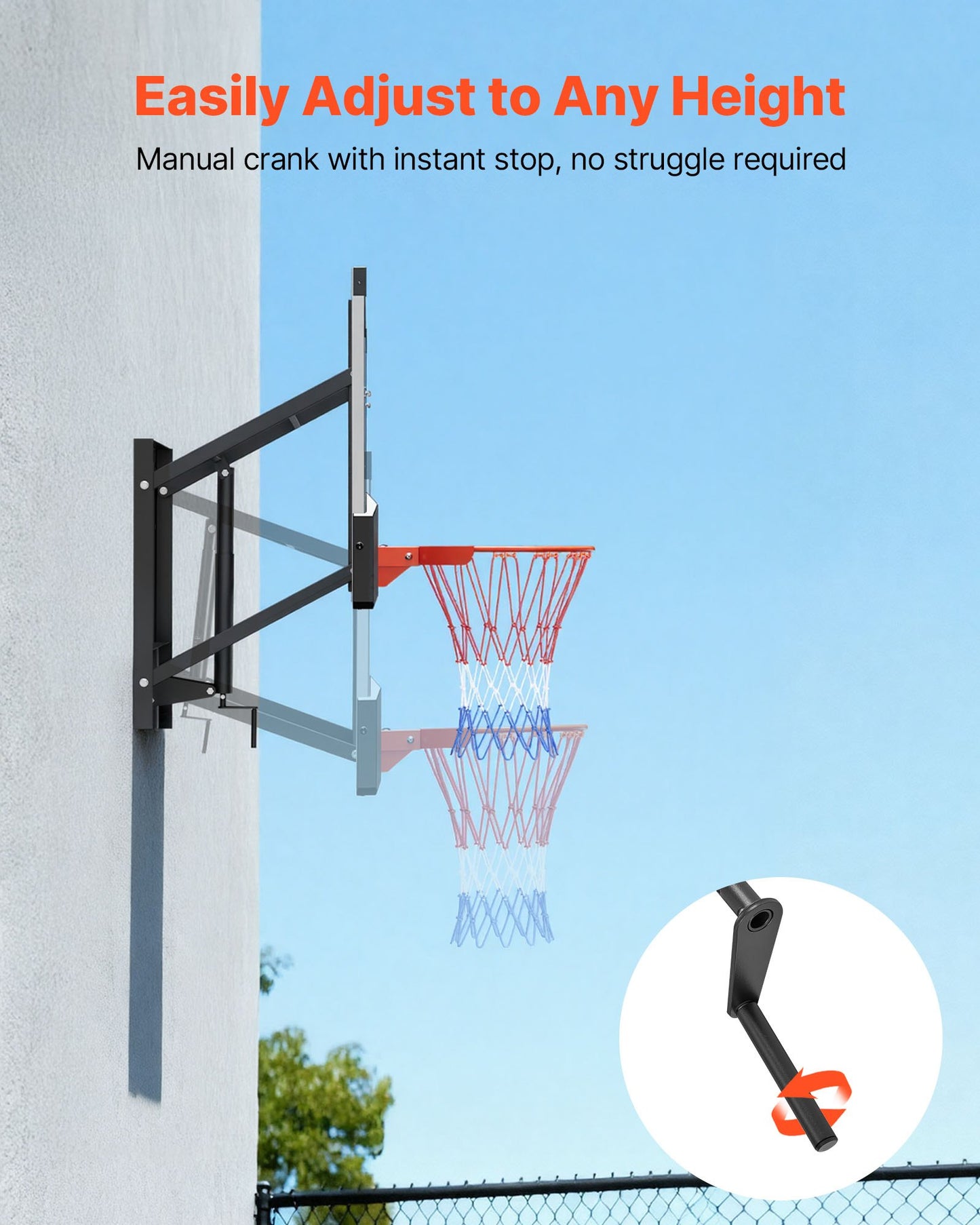 Wall Mount Basketball Hoop, 54-inch PC Backboard Mounted Basketball Hoop Outdoor with Hand-Crank Adjustment, 0.11 inch Thickened Backboard, Classic Basketballs Hoops Design, Indoor & Outdoor Use