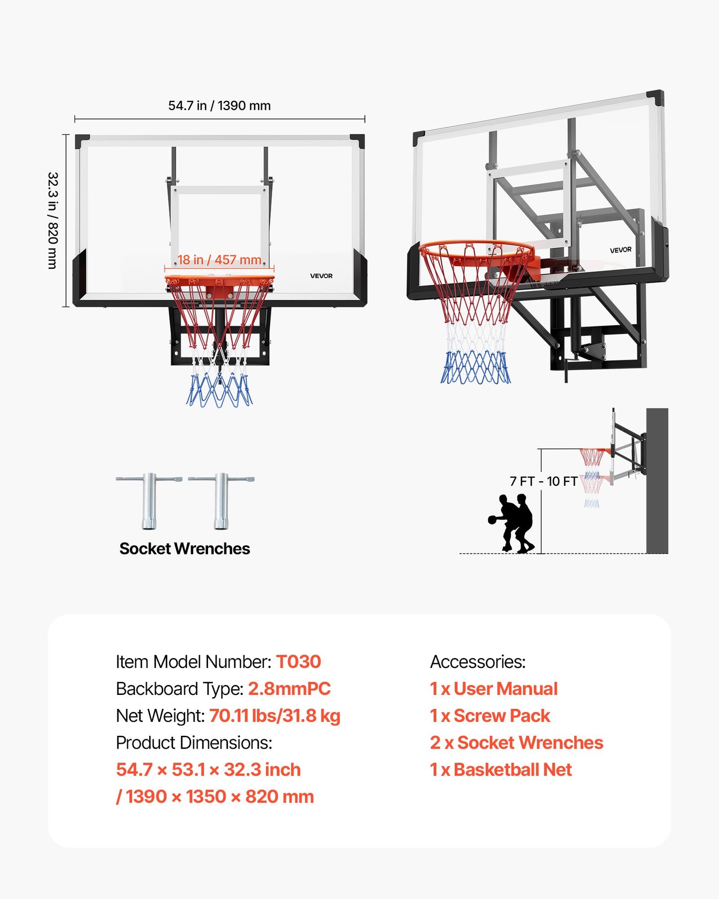 Wall Mount Basketball Hoop, 54-inch PC Backboard Mounted Basketball Hoop Outdoor with Hand-Crank Adjustment, 0.11 inch Thickened Backboard, Classic Basketballs Hoops Design, Indoor & Outdoor Use