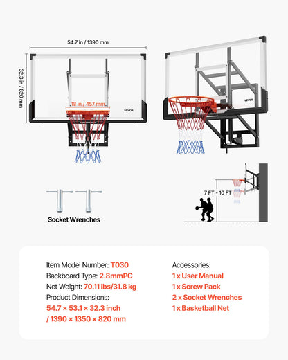 Wall Mount Basketball Hoop, 54-inch PC Backboard Mounted Basketball Hoop Outdoor with Hand-Crank Adjustment, 0.11 inch Thickened Backboard, Classic Basketballs Hoops Design, Indoor & Outdoor Use