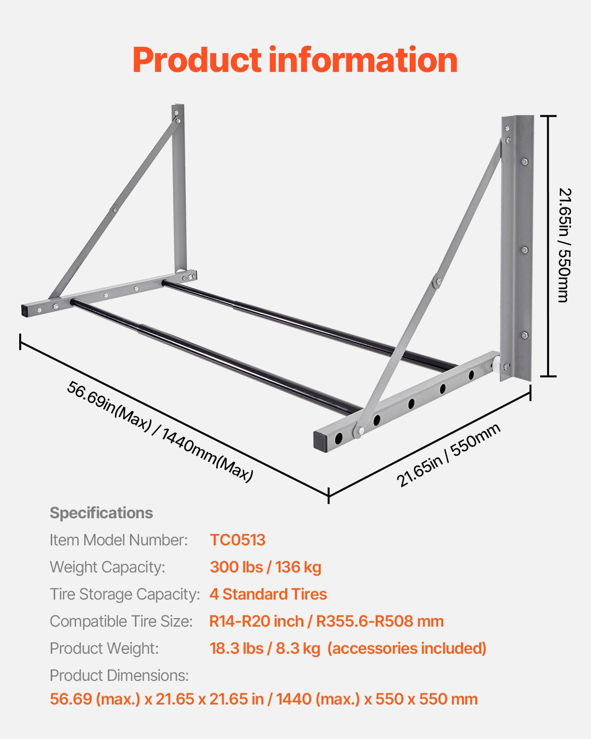 Wall Mounted Folding Tire Rack, 32" - 48" Adjustable Tire Rack, Q235 Heavy-Duty Steel Tire Storage Rack for R14-R20 inch Standard Tires, Max 300lbs Load Capacity for Garage Workshop Repair Shop