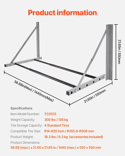 Wall Mounted Folding Tire Rack, 32" - 48" Adjustable Tire Rack, Q235 Heavy-Duty Steel Tire Storage Rack for R14-R20 inch Standard Tires, Max 300lbs Load Capacity for Garage Workshop Repair Shop