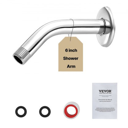 Shower Arm with Flange, 6 Inches, Wall Mounted Stainless Steel Shower Head Arm Extender, Chrome Finish, PTFE Tape, G1/2 Universal Thread Connector Compatible, for Fixed & Handheld Showerhead