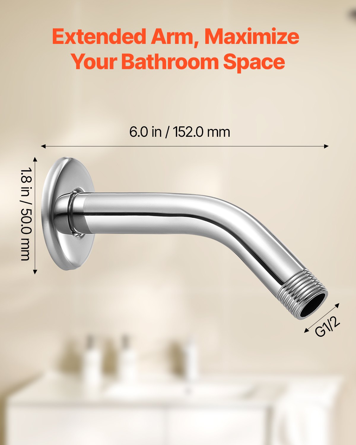 Shower Arm with Flange, 6 Inches, Wall Mounted Stainless Steel Shower Head Arm Extender, Chrome Finish, PTFE Tape, G1/2 Universal Thread Connector Compatible, for Fixed & Handheld Showerhead
