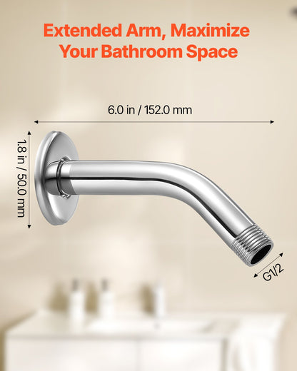 Shower Arm with Flange, 6 Inches, Wall Mounted Stainless Steel Shower Head Arm Extender, Chrome Finish, PTFE Tape, G1/2 Universal Thread Connector Compatible, for Fixed & Handheld Showerhead
