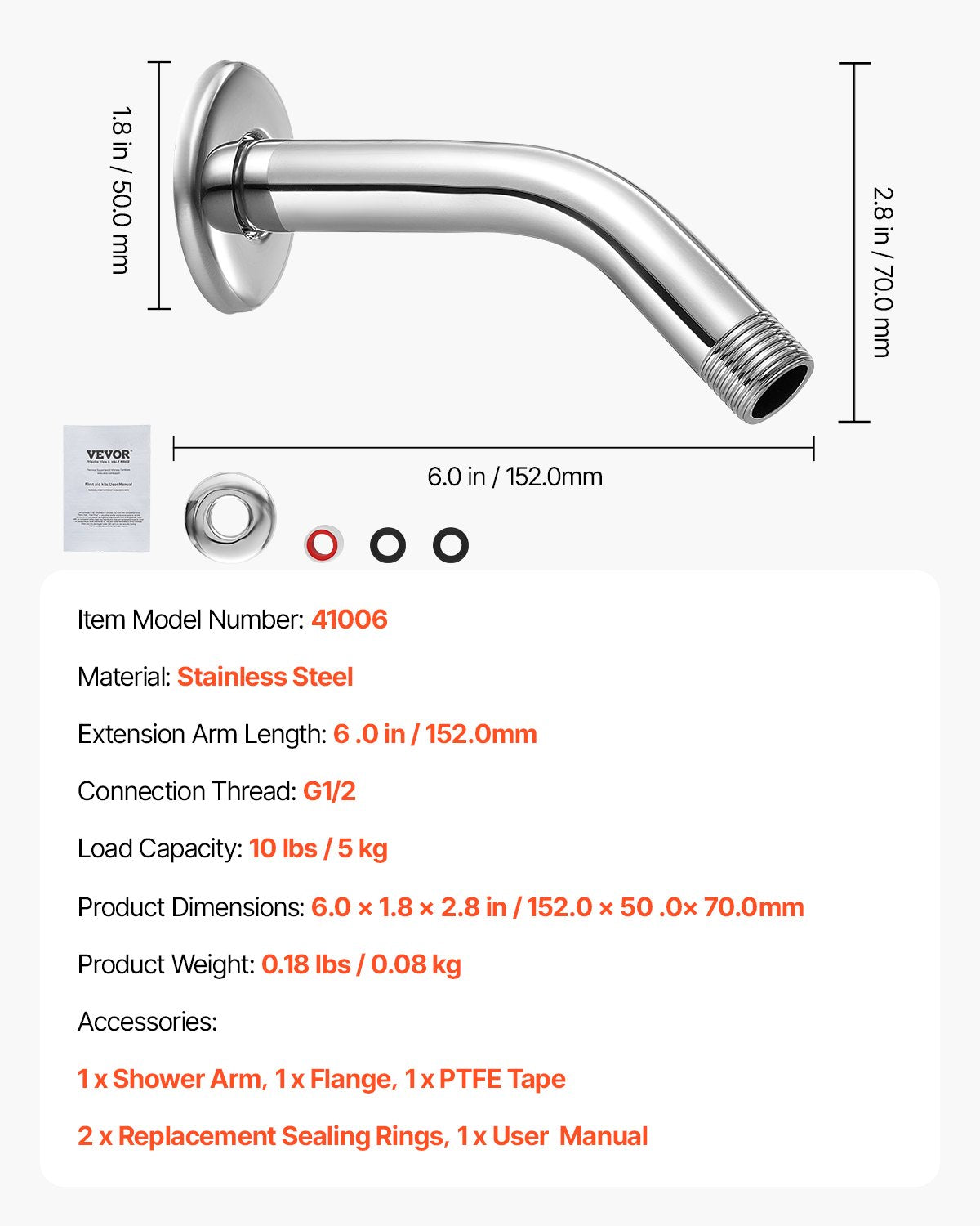 Shower Arm with Flange, 6 Inches, Wall Mounted Stainless Steel Shower Head Arm Extender, Chrome Finish, PTFE Tape, G1/2 Universal Thread Connector Compatible, for Fixed & Handheld Showerhead