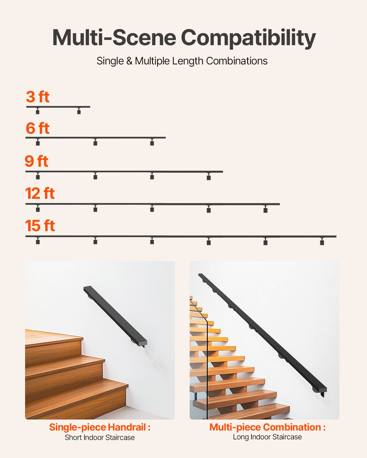 Wall Mounted Stair Handrail, 15ft Black Aluminum Staircase Handrail Indoor, 250lbs Load Capacity, Industrial Railing Hand Rail for Steps, Square Tube for Loft Porch Deck, 6 Sections