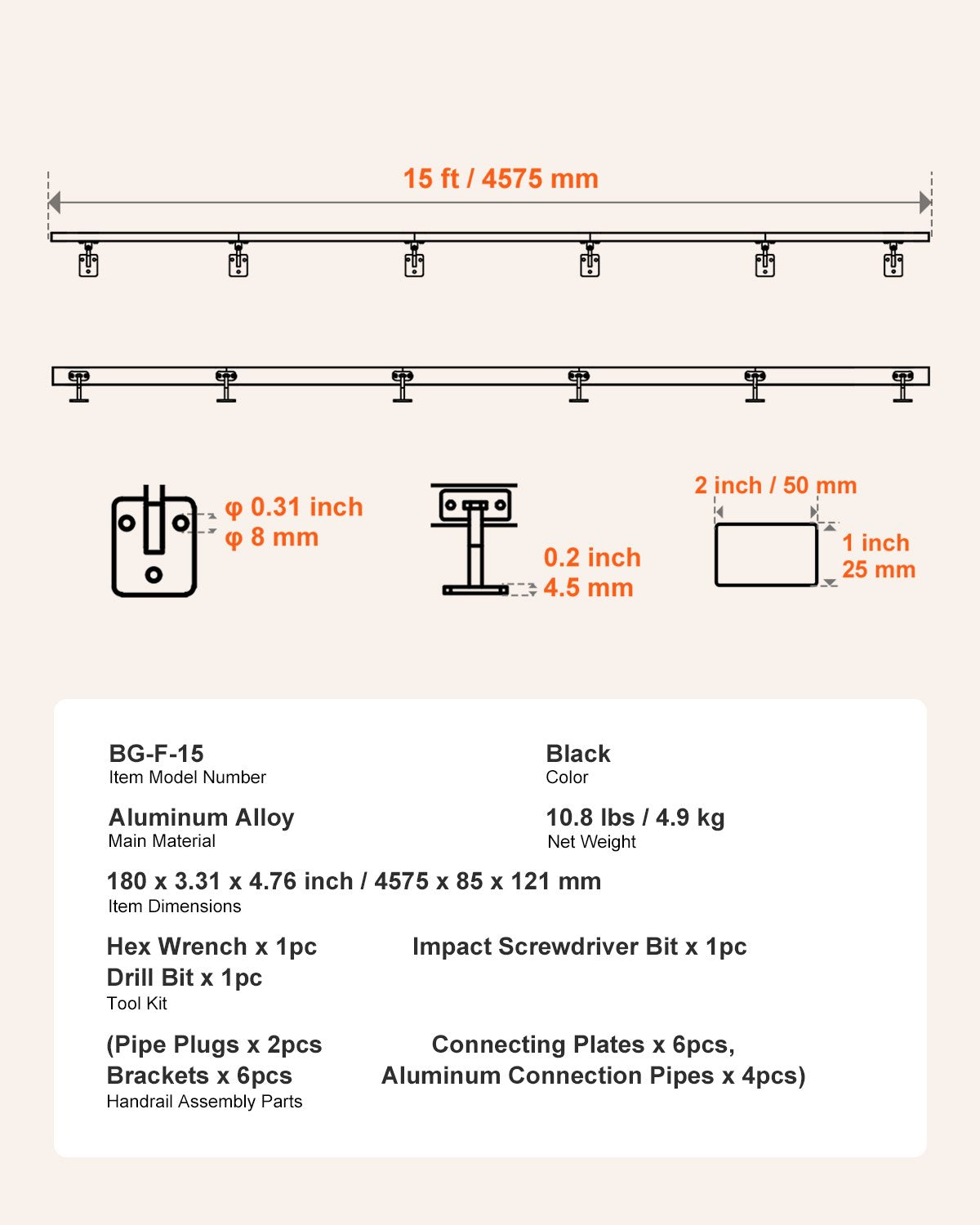 Wall Mounted Stair Handrail, 15ft Black Aluminum Staircase Handrail Indoor, 250lbs Load Capacity, Industrial Railing Hand Rail for Steps, Square Tube for Loft Porch Deck, 6 Sections