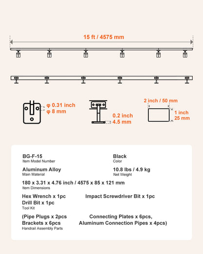 Wall Mounted Stair Handrail, 15ft Black Aluminum Staircase Handrail Indoor, 250lbs Load Capacity, Industrial Railing Hand Rail for Steps, Square Tube for Loft Porch Deck, 6 Sections