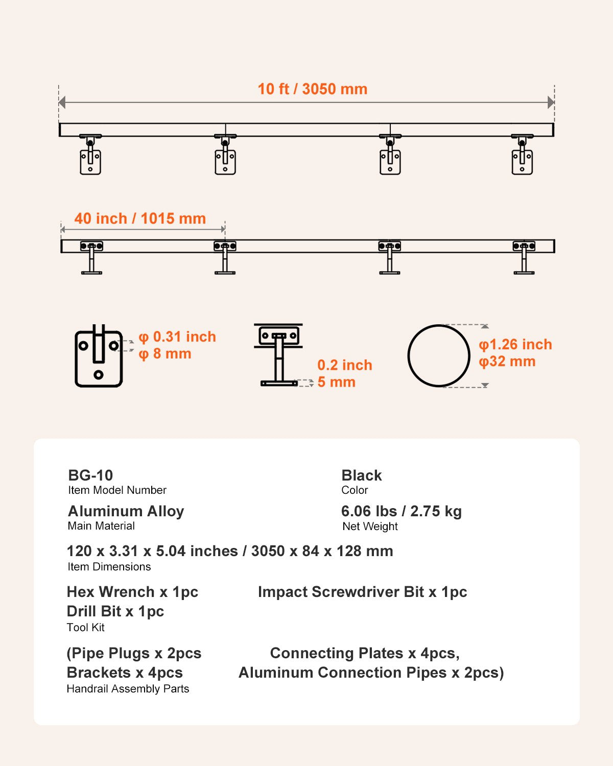 Wall Mounted Stair Handrail, 10ft Pipe Staircase Handrail, Black Galvanized Aluminum, 1.26 inch Pipe Diameter, Indoor&Outdoor Staircase Railing,Industrial Hand Rail for Steps,Security Baluster