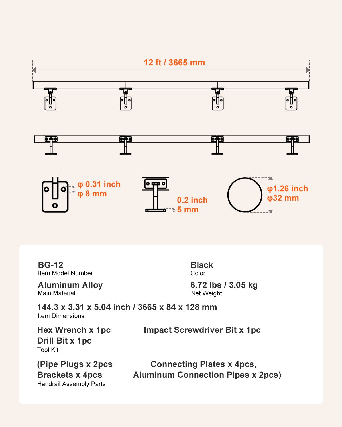 Wall Mounted Stair Handrail, 12ft Pipe Staircase Handrail, Black Galvanized Aluminum, 1.26 inch Pipe Diameter, Indoor&Outdoor Staircase Railing,Industrial Hand Rail for Steps,Security Baluster