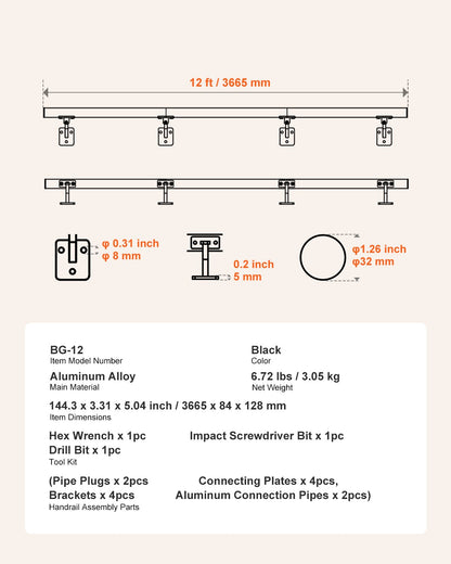 Wall Mounted Stair Handrail, 12ft Pipe Staircase Handrail, Black Galvanized Aluminum, 1.26 inch Pipe Diameter, Indoor&Outdoor Staircase Railing,Industrial Hand Rail for Steps,Security Baluster