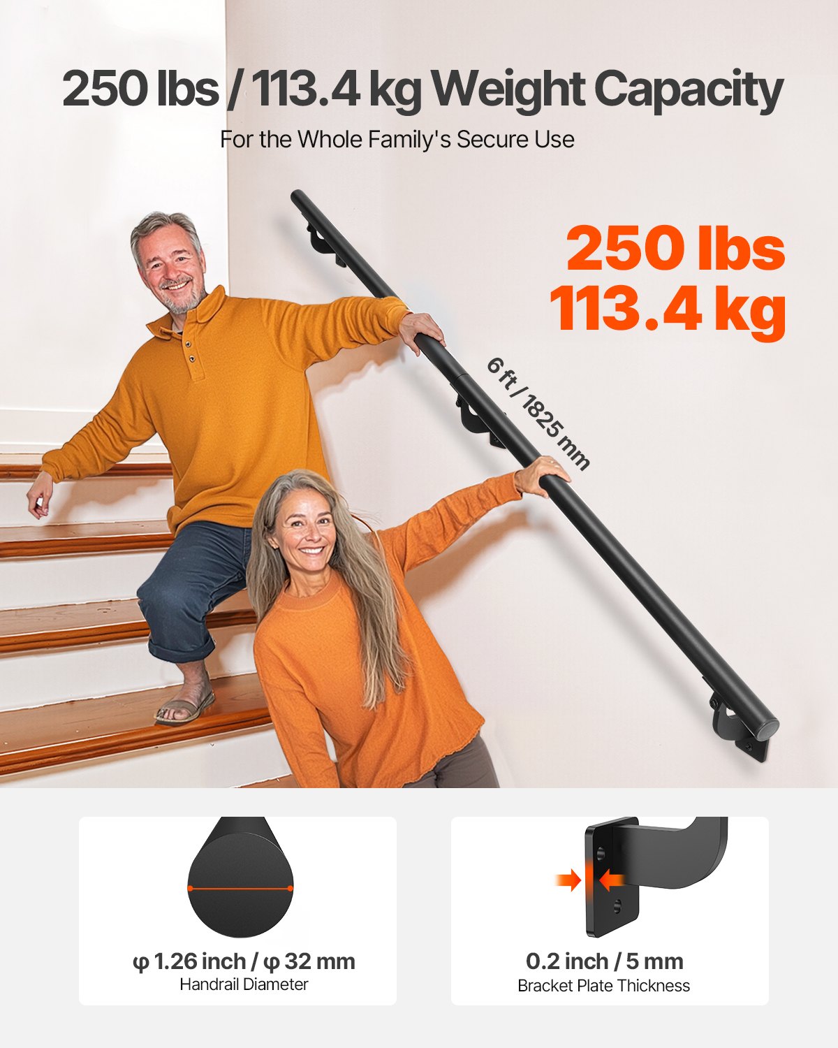 Wall Mounted Stair Handrail, 6ft Pipe Staircase Handrail, Black Galvanized Aluminum, 1.26 inch Pipe Diameter, Indoor&Outdoor Staircase Railing,Industrial Hand Rail for Steps,Security Baluster