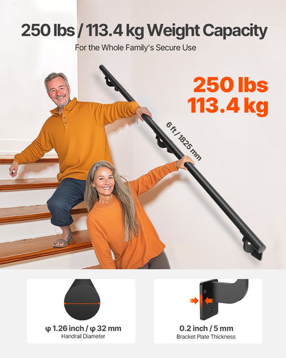 Wall Mounted Stair Handrail, 6ft Pipe Staircase Handrail, Black Galvanized Aluminum, 1.26 inch Pipe Diameter, Indoor&Outdoor Staircase Railing,Industrial Hand Rail for Steps,Security Baluster