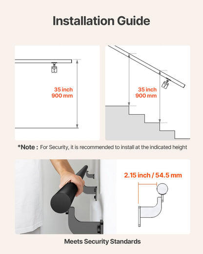 Wall Mounted Stair Handrail, 6ft Pipe Staircase Handrail, Black Galvanized Aluminum, 1.26 inch Pipe Diameter, Indoor&Outdoor Staircase Railing,Industrial Hand Rail for Steps,Security Baluster